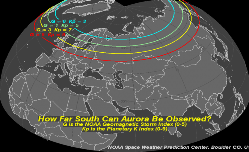 How far South can Auroras be observed in Northern hemisphere
