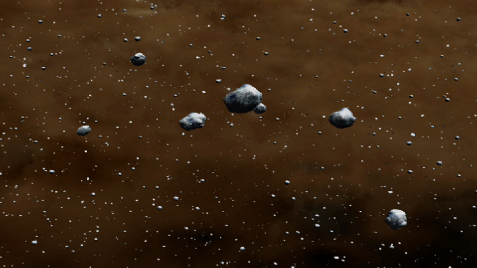 Dust particles combine to form icy rocks that join together under the force of gravity for comets.