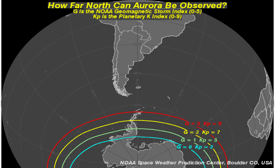 How far North can Auroras be observed in Southern hemisphere